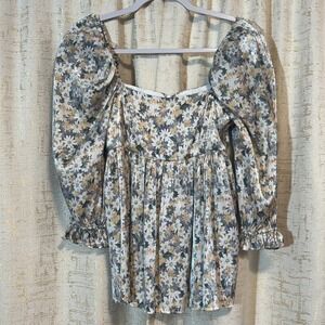 Storia Floral Puff Sleeve Top Blouse Women's Small Multicolor Metallic Excellent